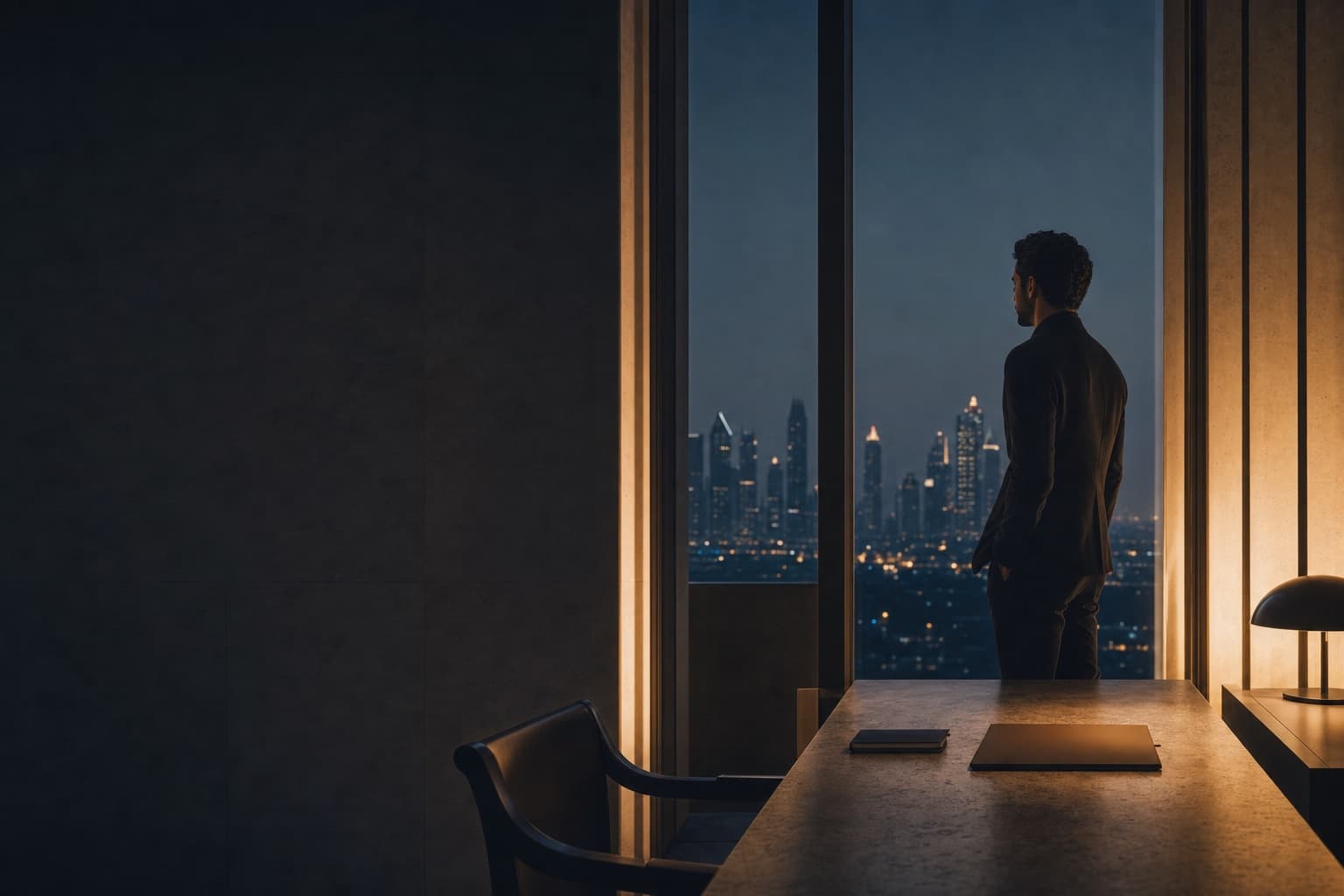 Founder in a refined Dubai workspace overlooking the city at dusk