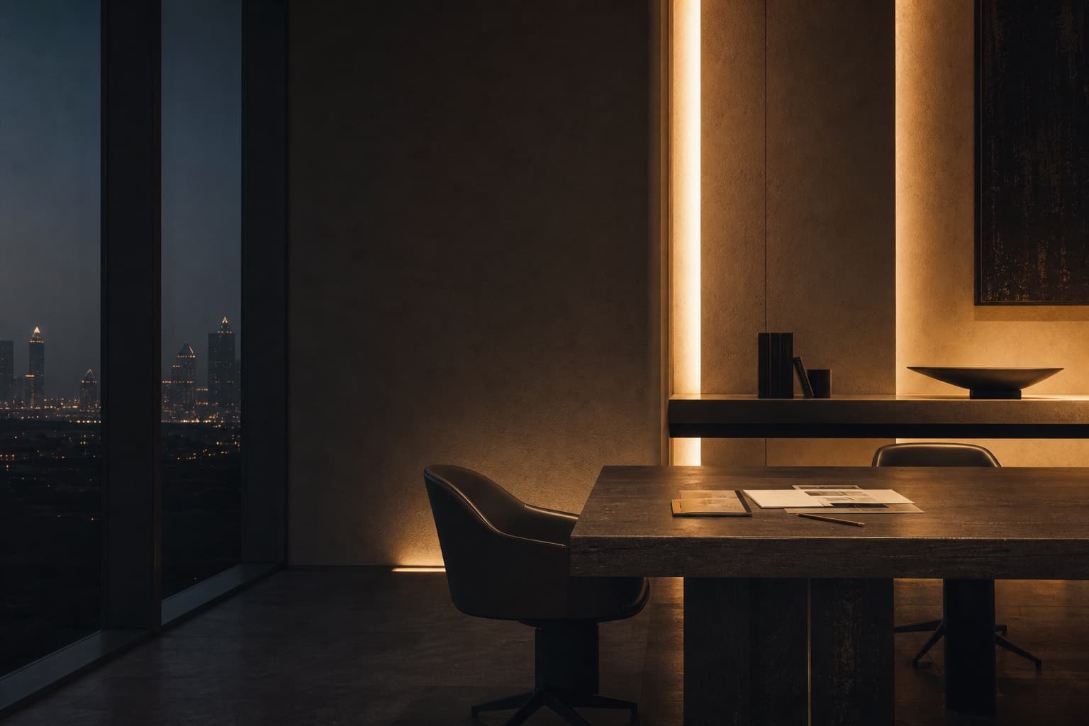 Quiet executive strategy room with warm architectural light in Dubai